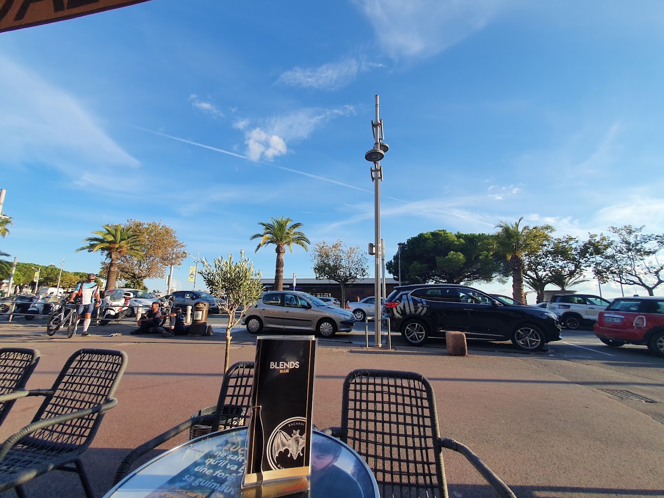 Terrasse en journée, ciel bleu et palmiers